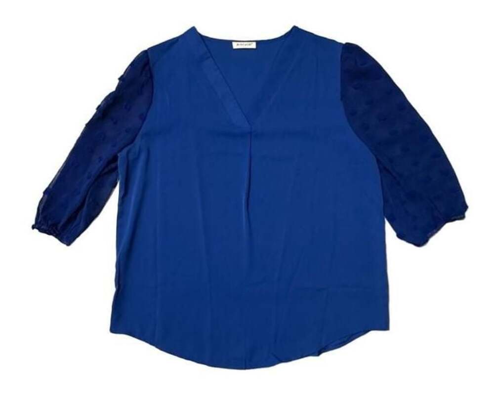 Blue V-Neck Swiss Dot Long Sleeve Blouse Size L